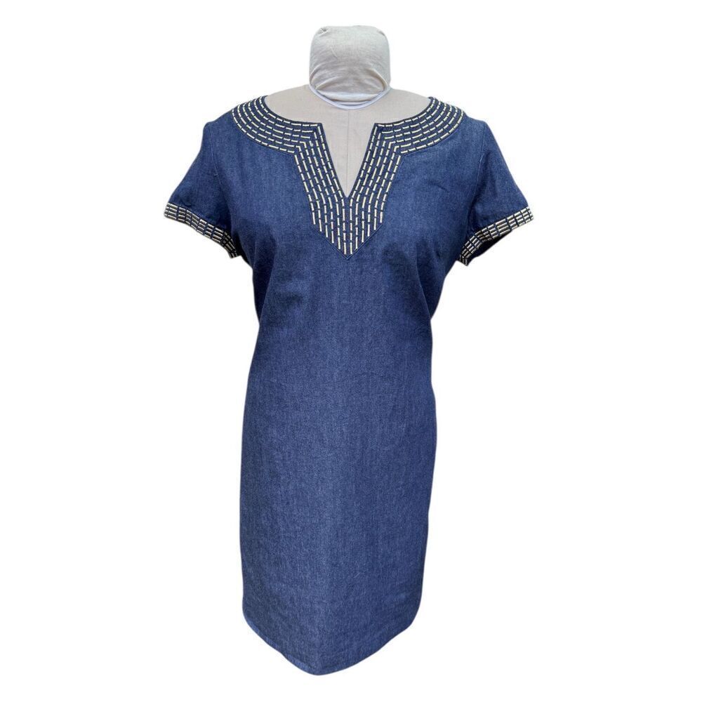 Dana Buchman Chambray Denim Dress Gold Metallic Neckline Sz. 14